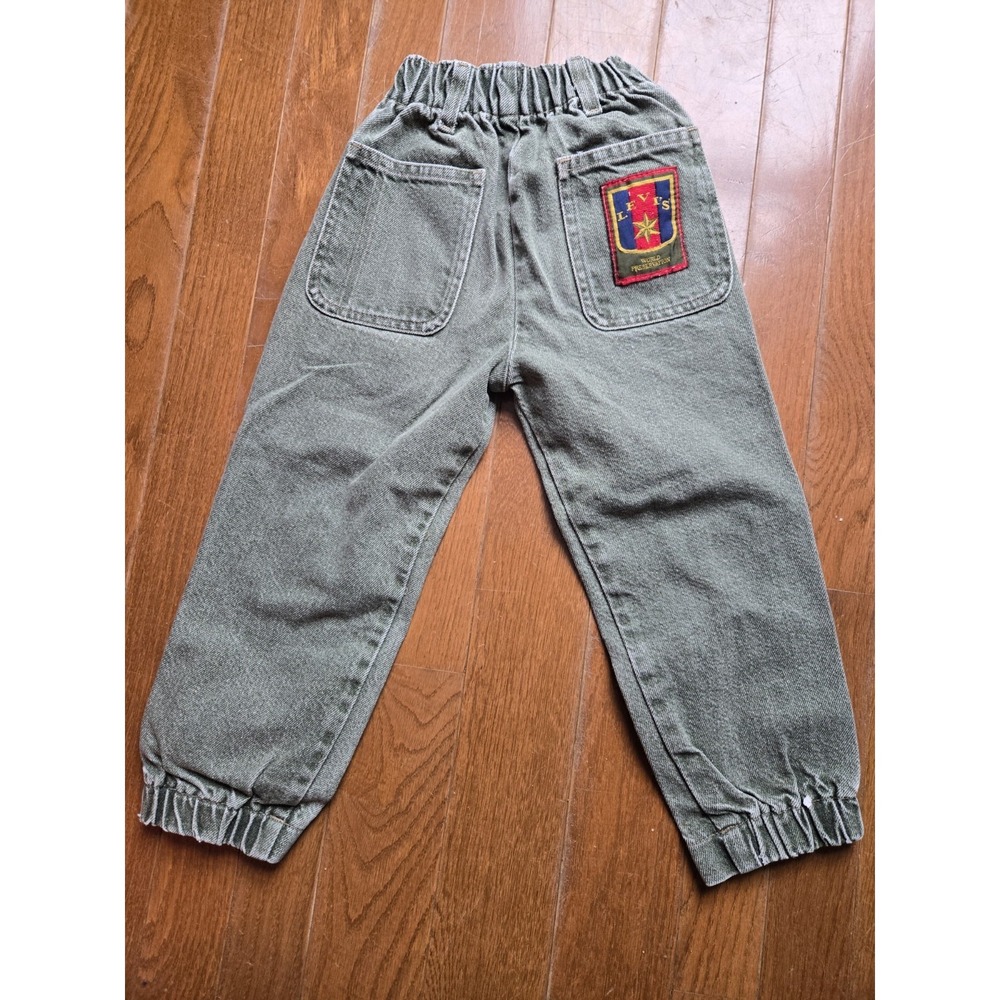VTG Little Levis 1992 Green Denim 4T Patch Joggers Elastic Waist Rare